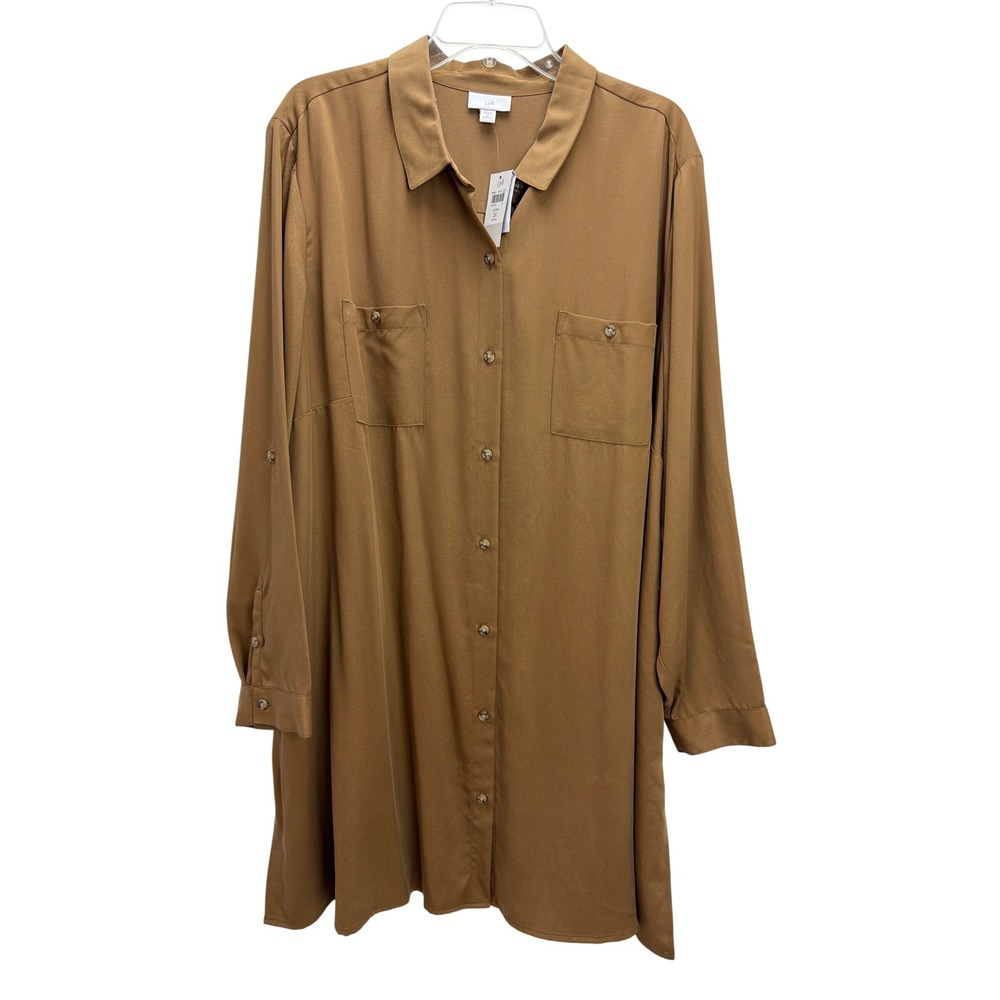 J. Jill Wearever Vicuna Brown Shirt Dress 3X Button Front Long Roll Tab Sleeve